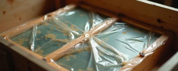 Détail réaliste d'un tableau précieusement emballé avec soin dans un caisson en bois sur mesure à l'intérieur d'un véhicule spécialisé