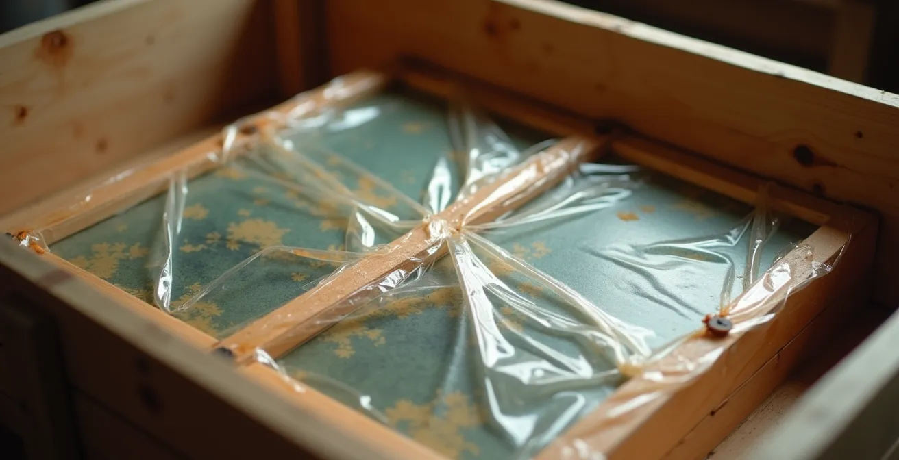 Détail réaliste d'un tableau précieusement emballé avec soin dans un caisson en bois sur mesure à l'intérieur d'un véhicule spécialisé