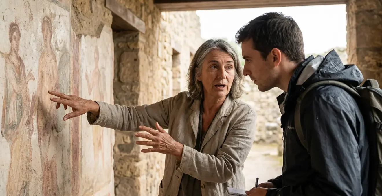 Conférencier expliquant des fresques antiques à une voyageuse passionnée d'art