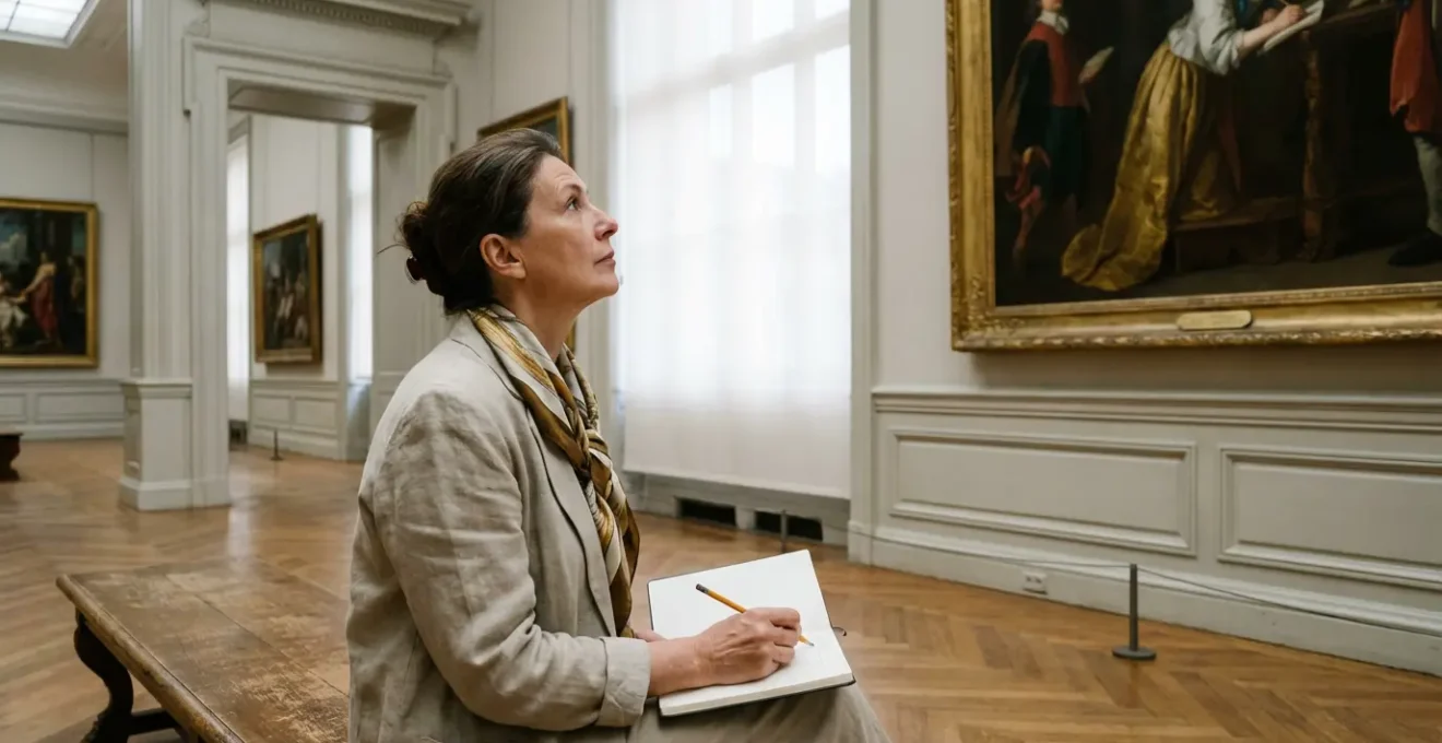 Voyageuse prenant des notes devant une œuvre dans une galerie d'art