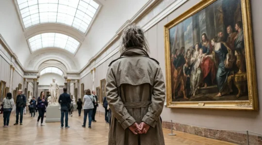 Voyageuse contemplant une grande toile dans une galerie de musée majestueux