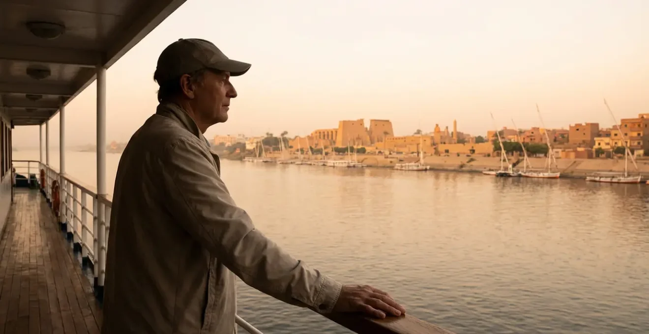 Voyageur admirant un panorama de temples depuis le pont d'un navire de croisière culturelle