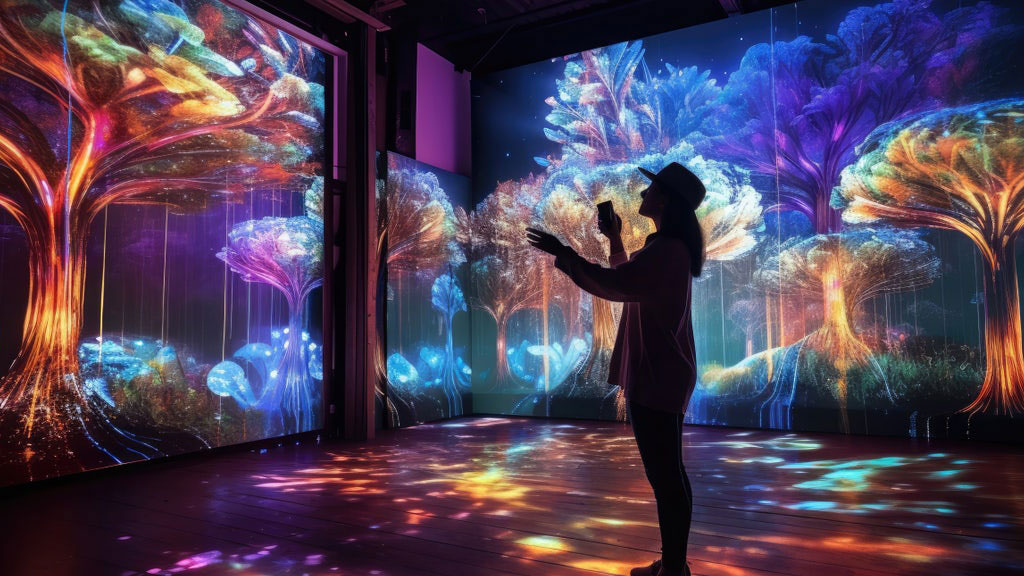 Visiteur concentré devant une œuvre d'art interactive en galerie