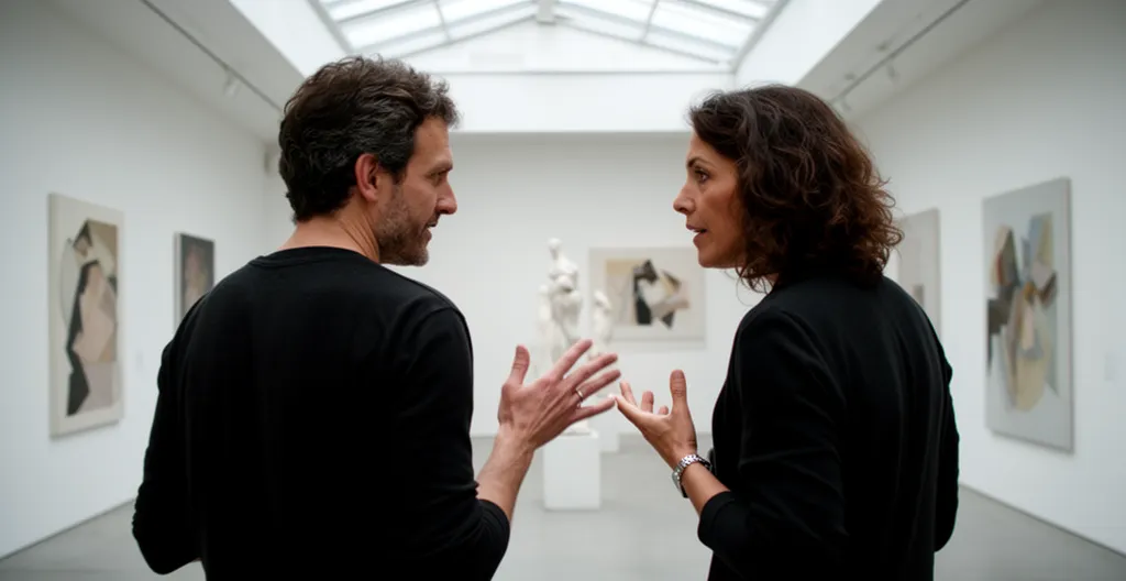 Deux personnes échangeant spontanément devant une œuvre dans une galerie d'art