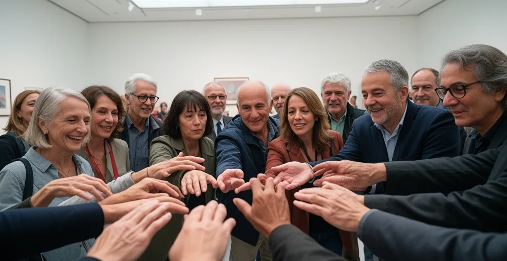 Visiteurs découvrant une installation artistique interactive dans une galerie contemporaine