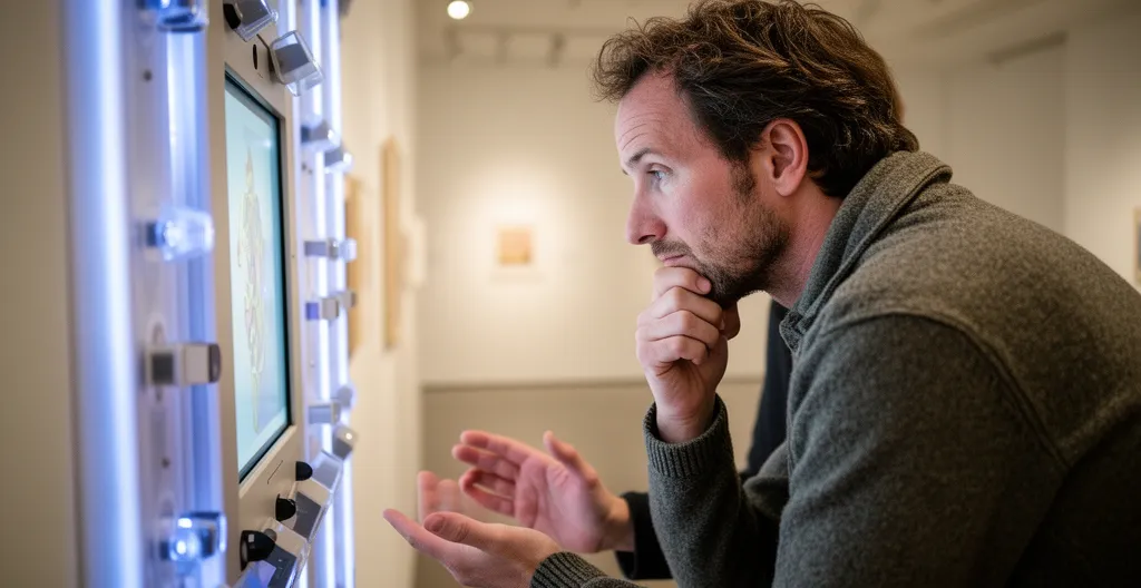 Visiteur concentré devant une œuvre d'art interactive en galerie
